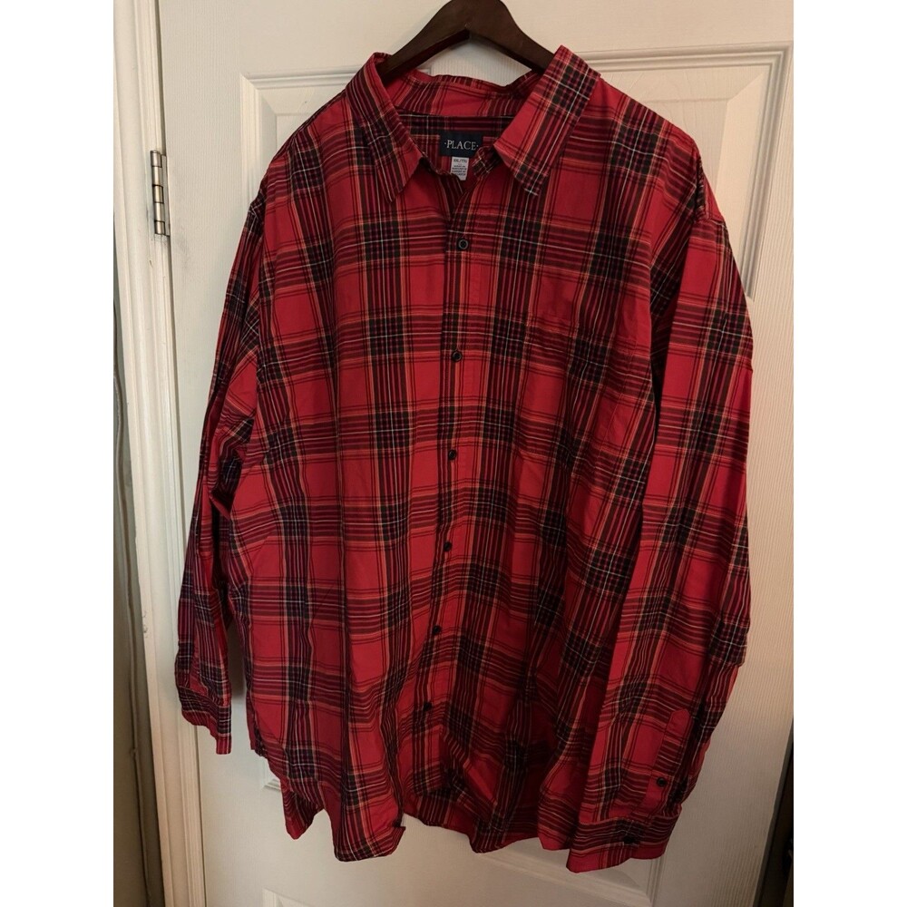 Place Mens Red Plaid Long Sleeve Poplin Button Up Casual Shirt XXL 2XL